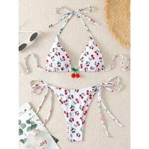 Tagkita Cherry Print 3-Piece Triangle Bikini Swim Set with Mesh Sarong Skirt New